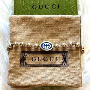 BNIB GUCCI Blue Interlocking G Boule Bead Chain Unisex Blue Bracelet Sz 16 ITALY